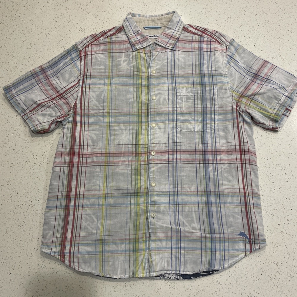 Tommy Bahama Shirt Mens Medium Short Sleeve Button Front Plaid Aloha Pocket